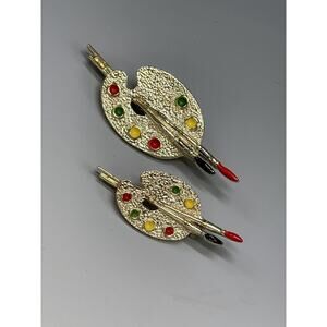 Vintage Gerrys Artist Palette Brooch Pins Pin Pair‎ Gold -Tone Enamel